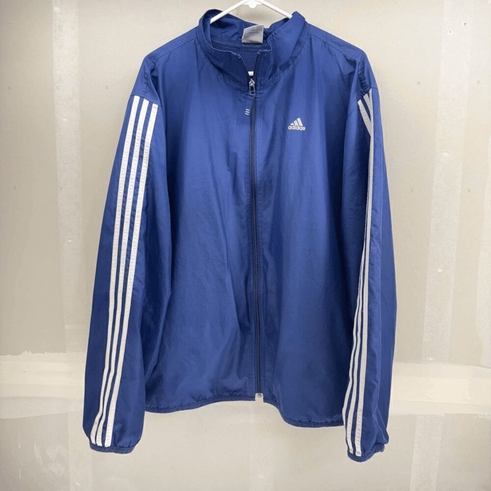 Vintage Y2K Adidas Track Jacket Large‎ Navy Striped Windbreaker Climaproof Mens